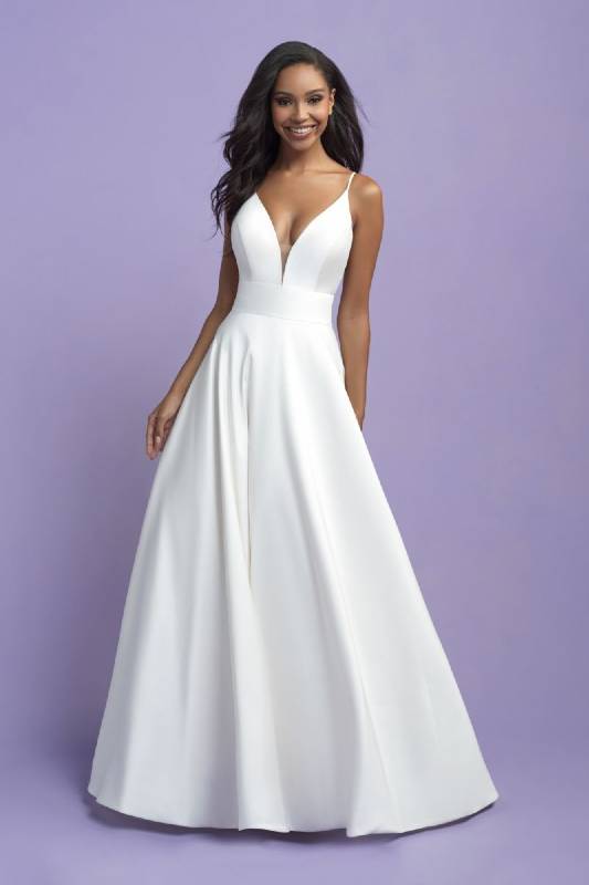 White satin wedding dress with plunge neckline